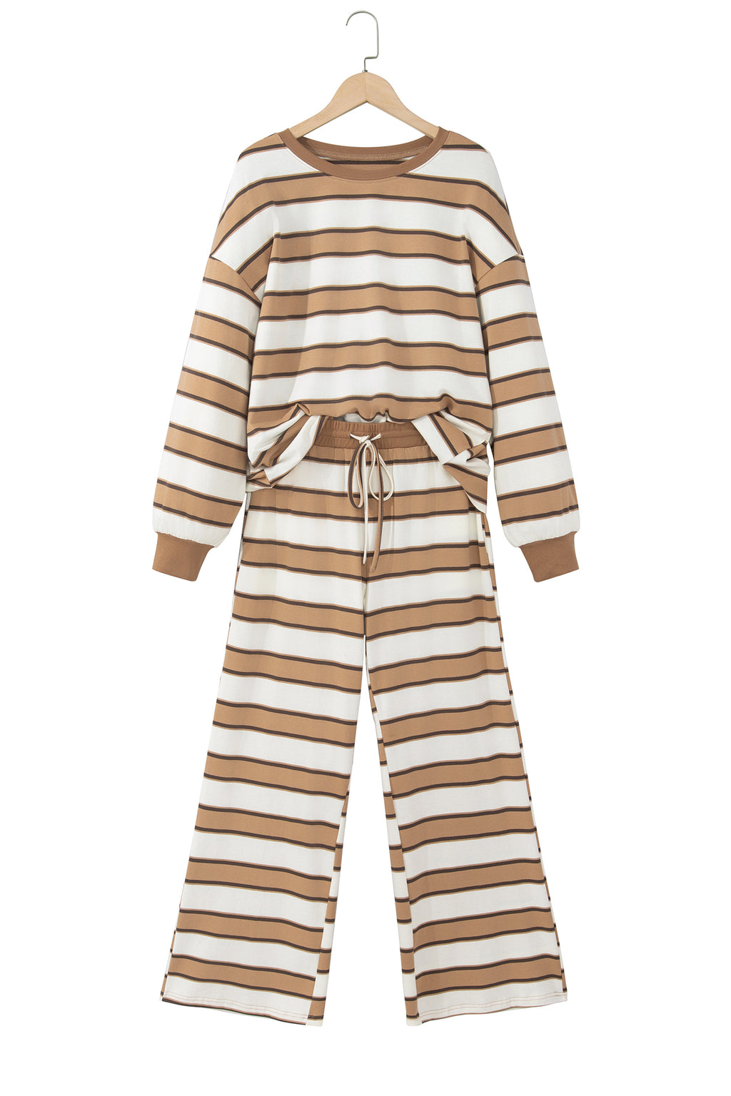 Khaki Stripe Contrast Trim Patchwork Casual Two-Piece Pants Set