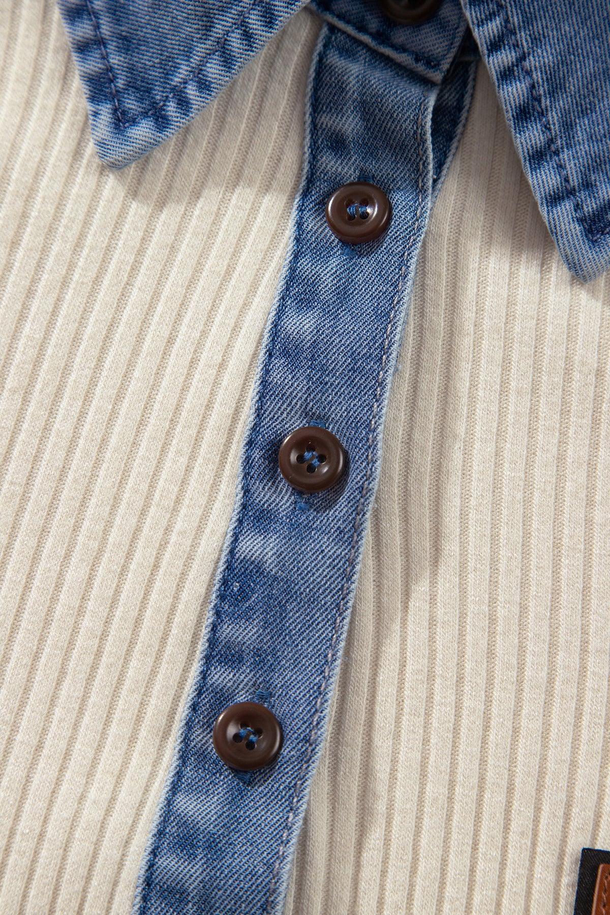 Light Grey Ribbed Denim Colorblock Detail Button Collar Long Sleeve Top