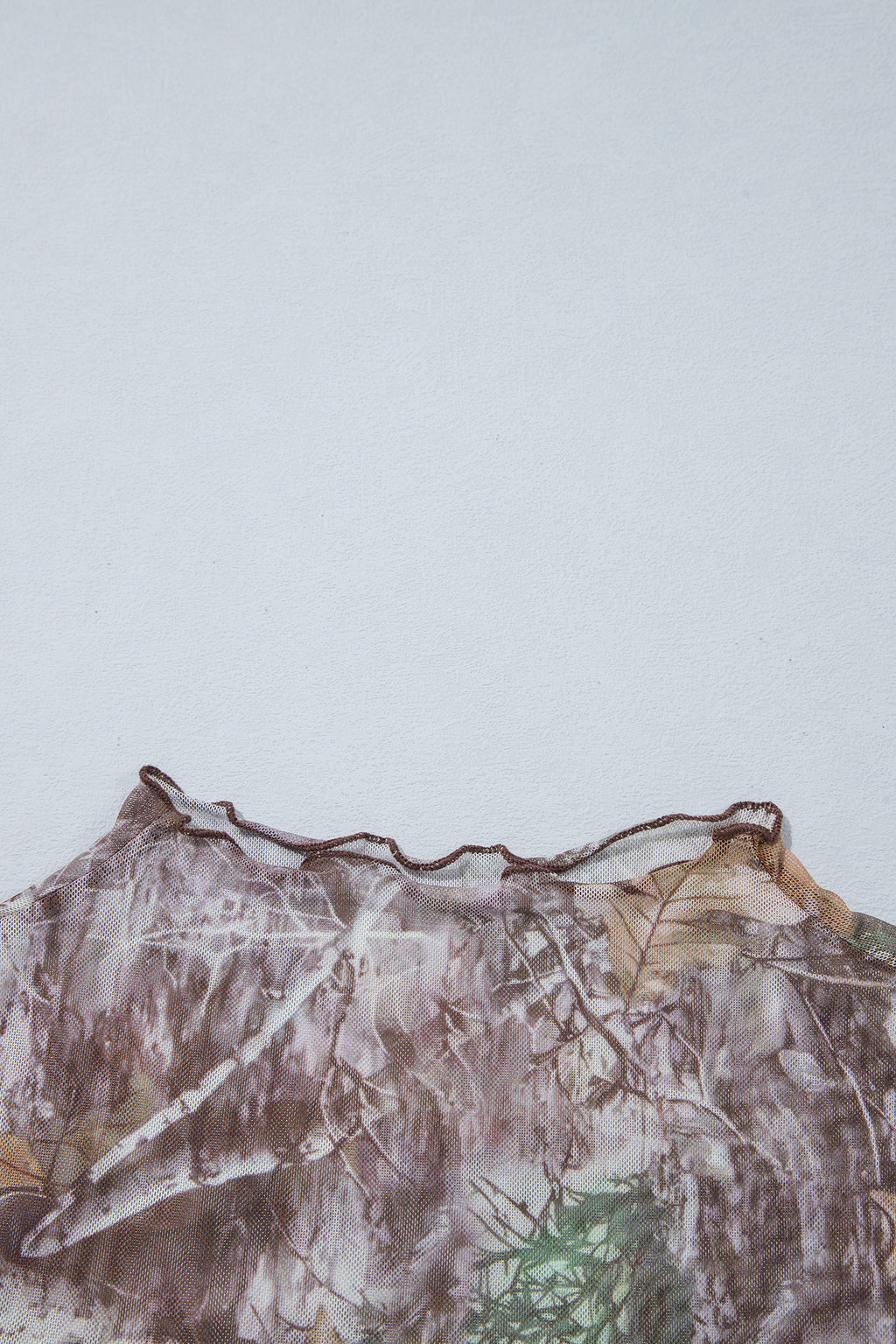 Beige Floral Print Slim Fit Mesh Long Sleeve Mock Neck Top