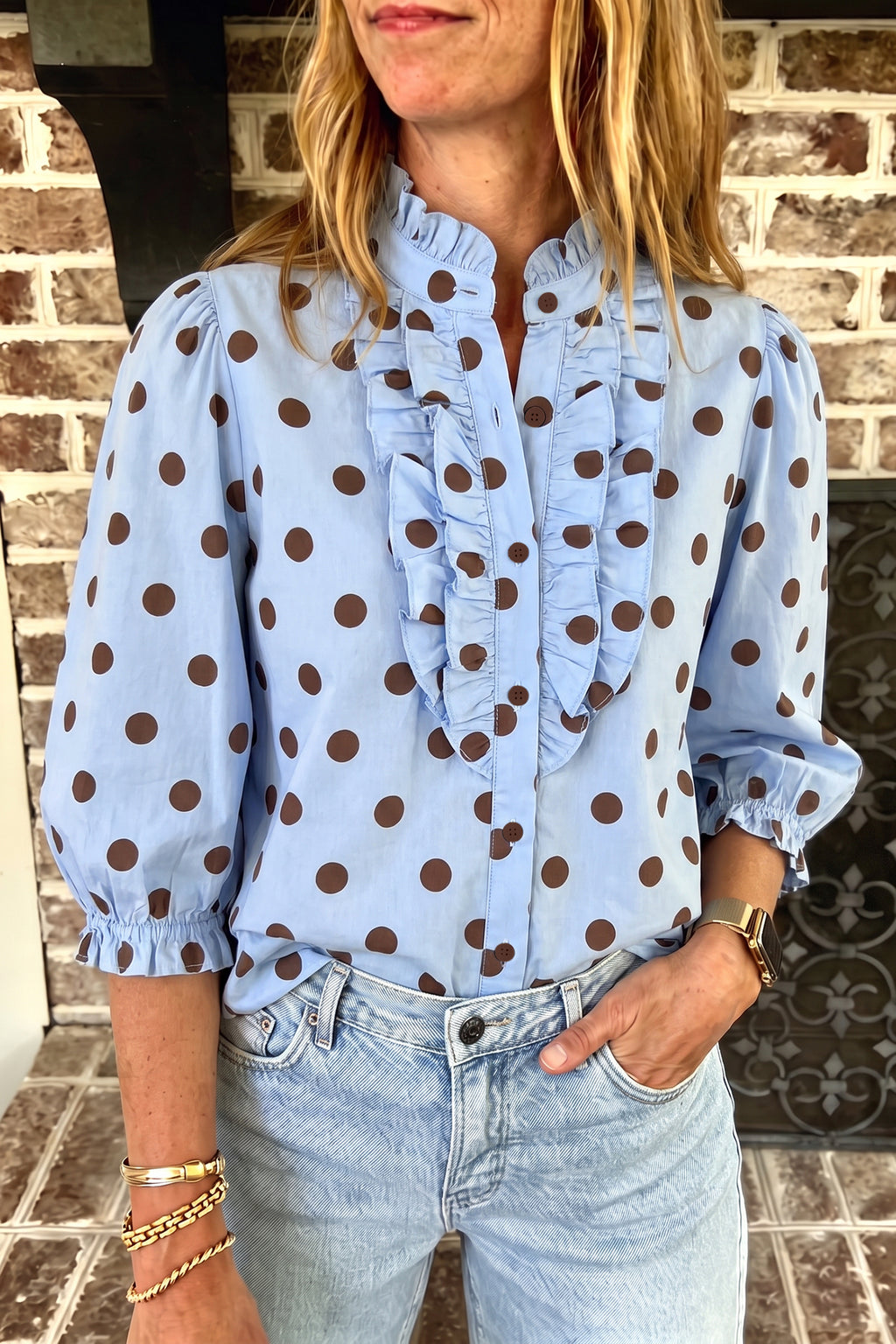 Fiery Red Polka Dot Striped Print Ruffle Stand Neck 3/4 Sleeve Shift Shirt