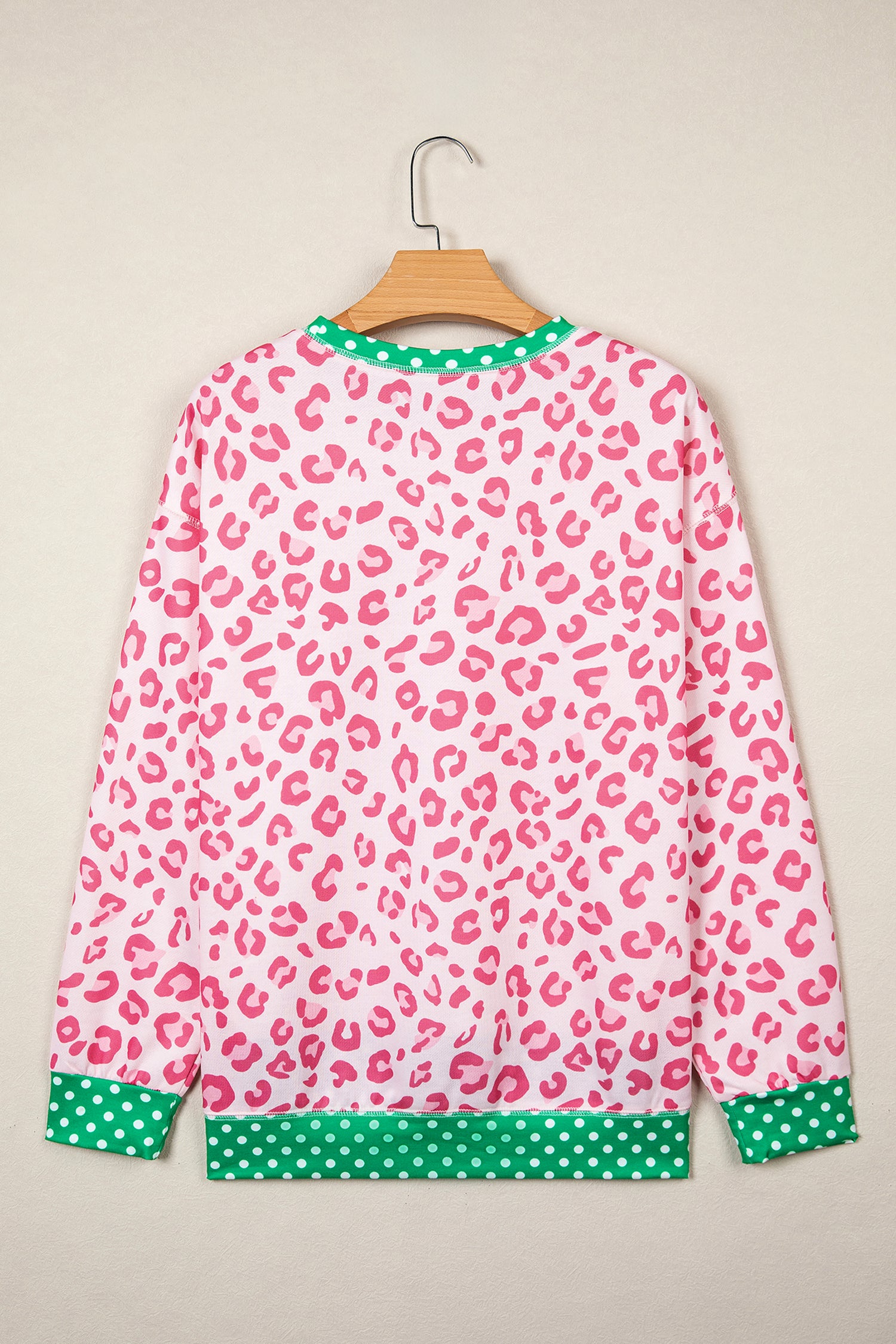 Brown Leopard Polka Dot Colorblock Trim Long Sleeve Top