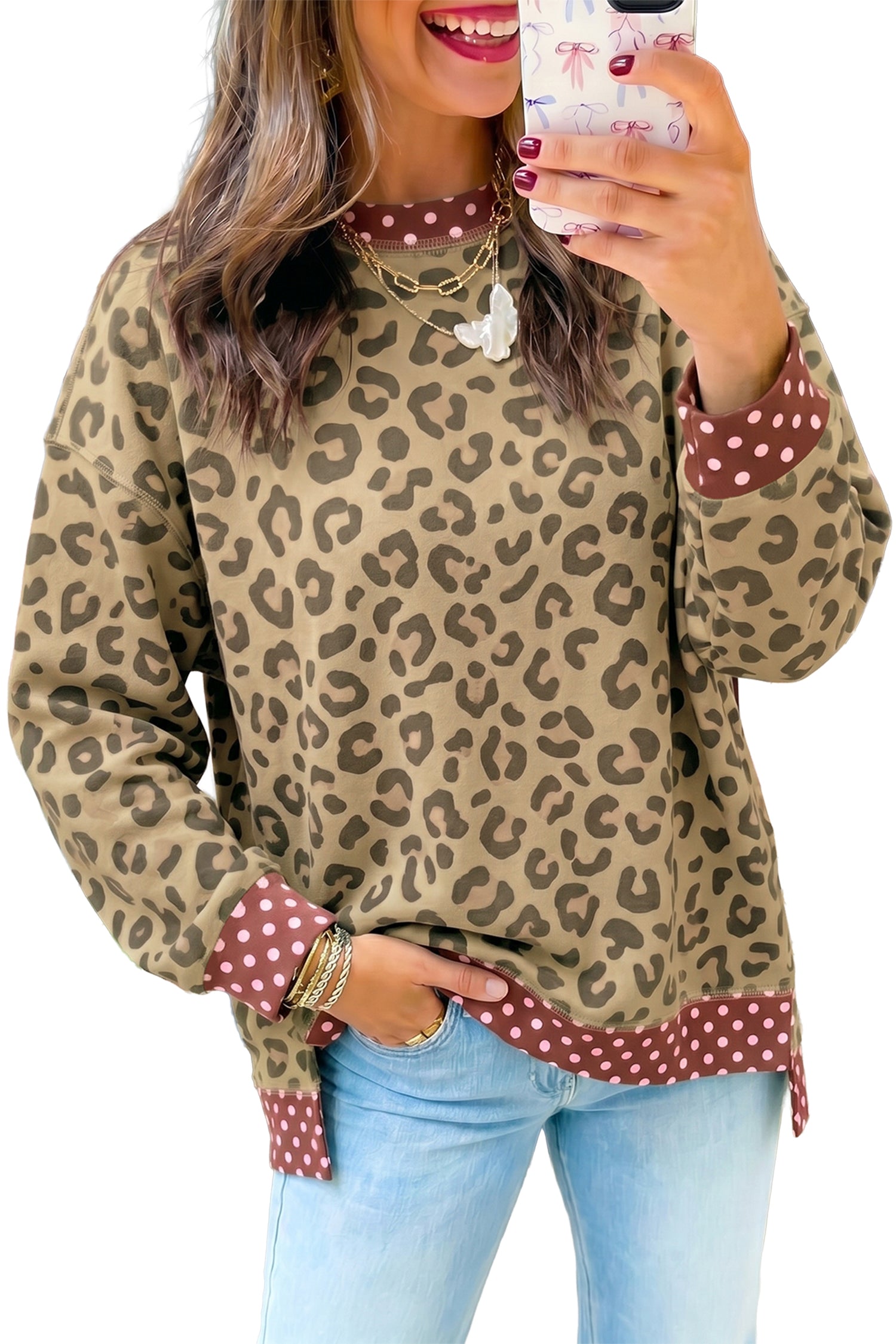 Brown Leopard Polka Dot Colorblock Trim Long Sleeve Top
