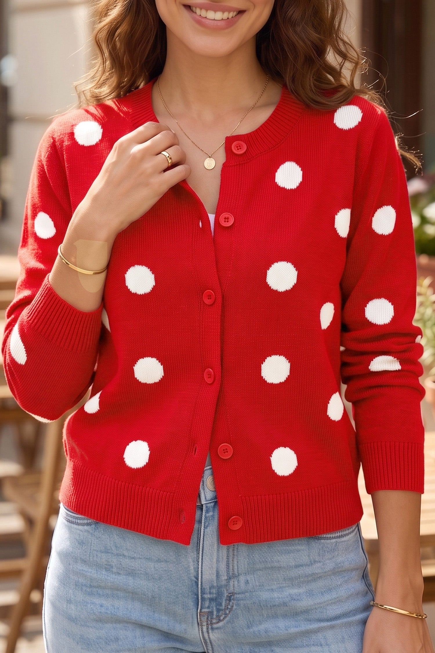 Yellow Cream Casual Polka Dot Button Front Long Sleeve Sweater Cardigan