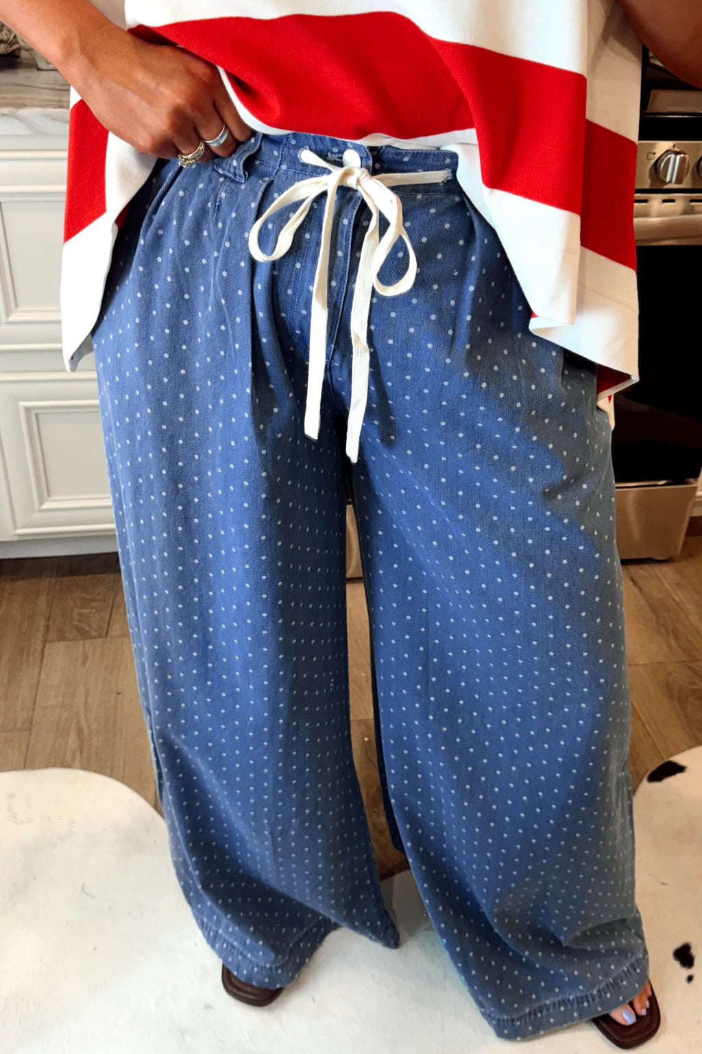 Sky Blue Polka Dot Wide Leg Full Length Shift Silhouette Plus Size Jeans