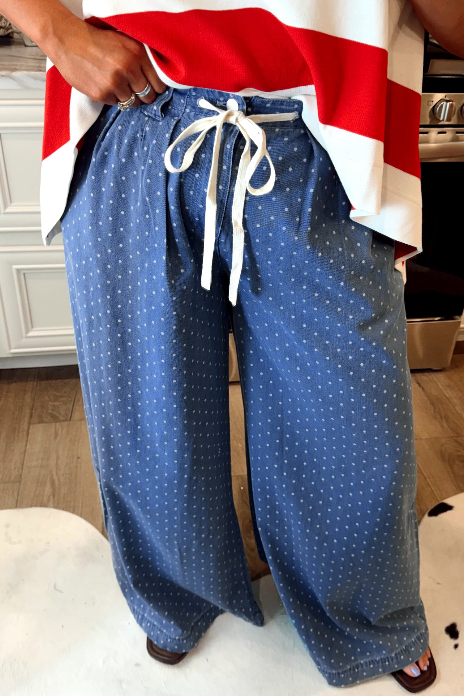 Sky Blue Polka Dot Wide Leg Full Length Shift Silhouette Plus Size Jeans