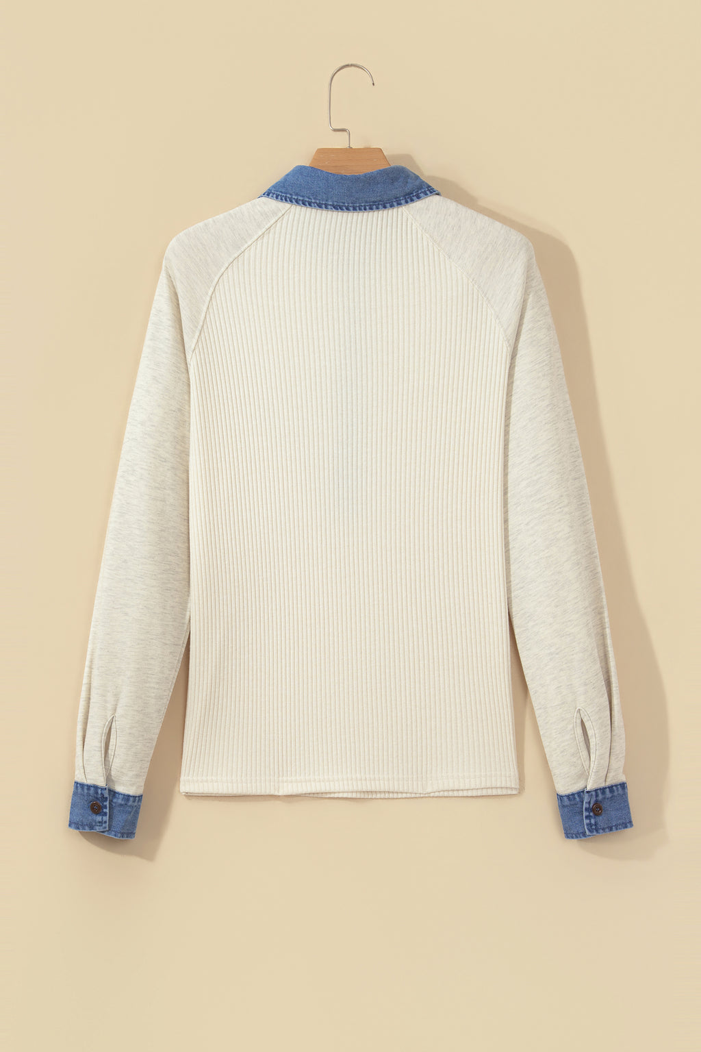 Light Grey Ribbed Denim Colorblock Detail Button Collar Long Sleeve Top