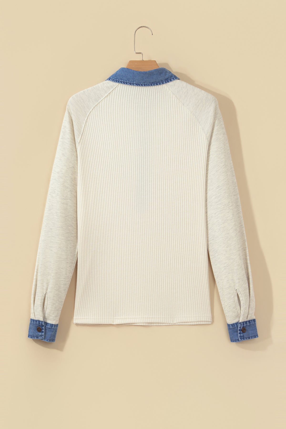 Light Grey Ribbed Denim Colorblock Detail Button Collar Long Sleeve Top
