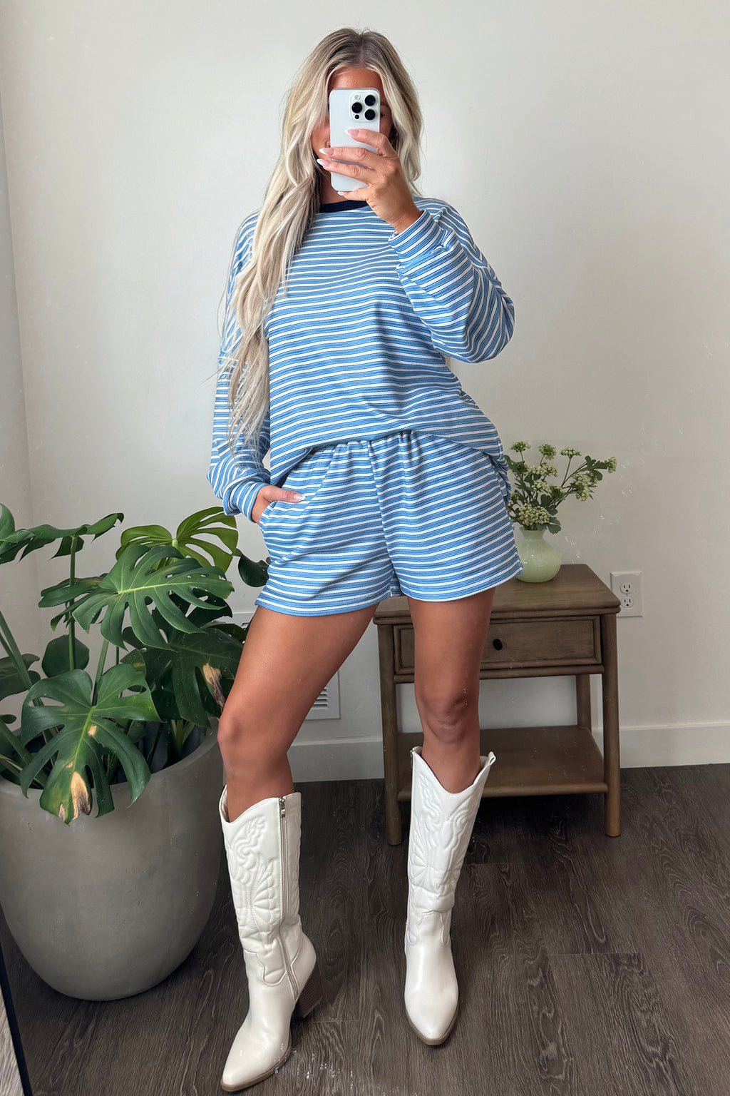 Brown Stripe Long Sleeve Oversized Top Pocketed Casual Shorts Two Piece Set