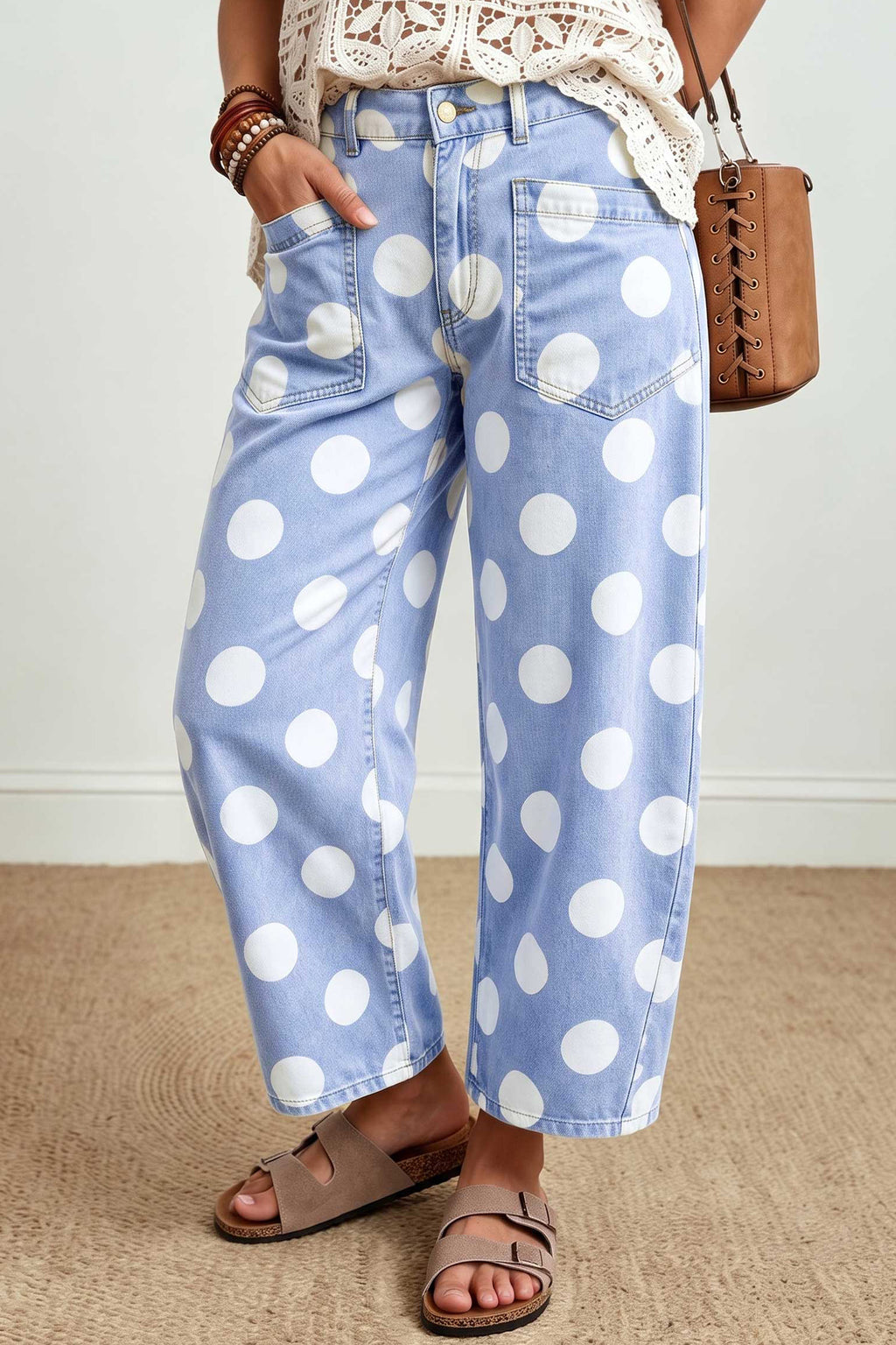 Brown Polka Dot Ankle-Length Barrel Jeans