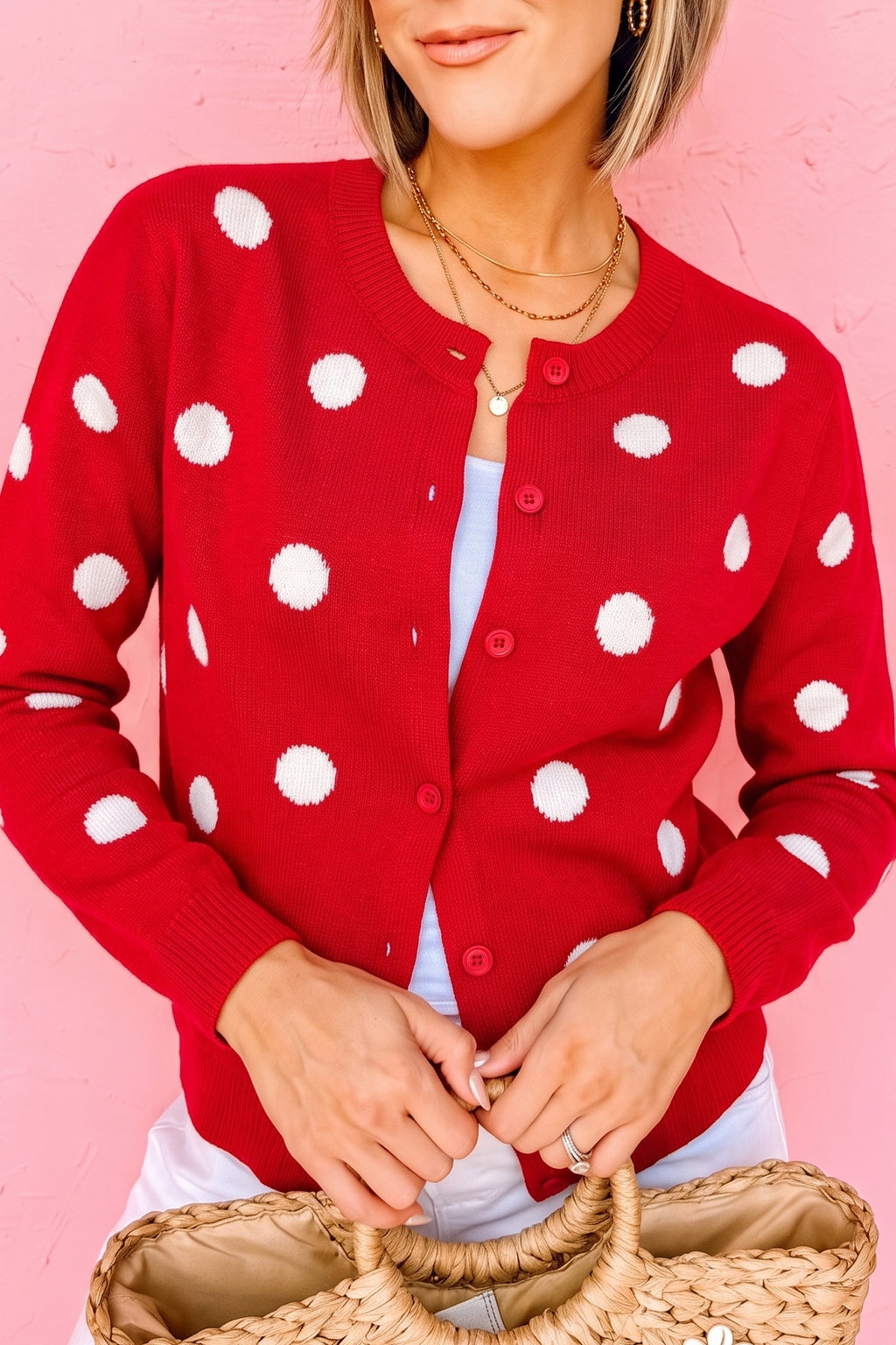 Yellow Cream Casual Polka Dot Button Front Long Sleeve Sweater Cardigan
