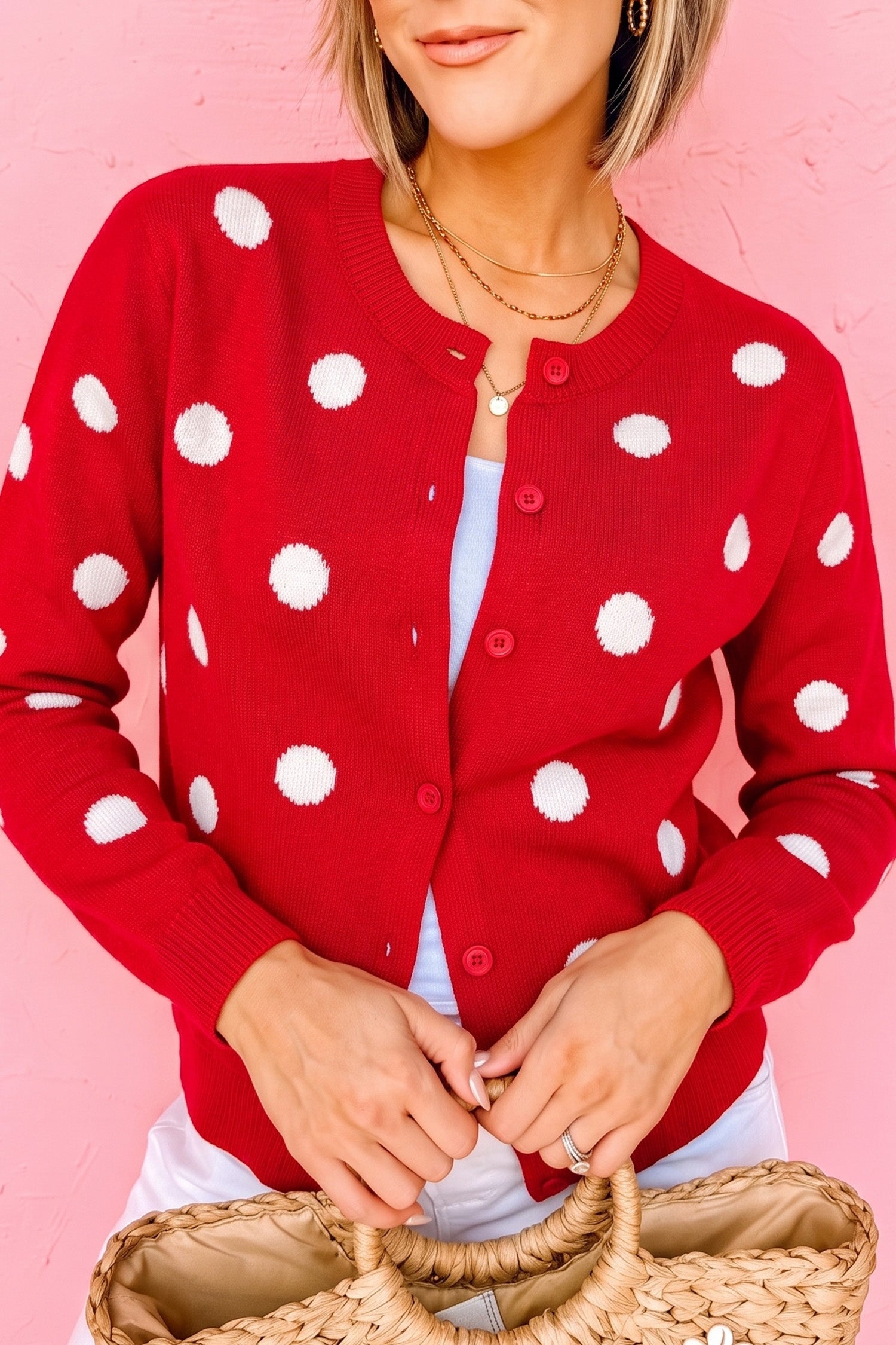 Yellow Cream Casual Polka Dot Button Front Long Sleeve Sweater Cardigan