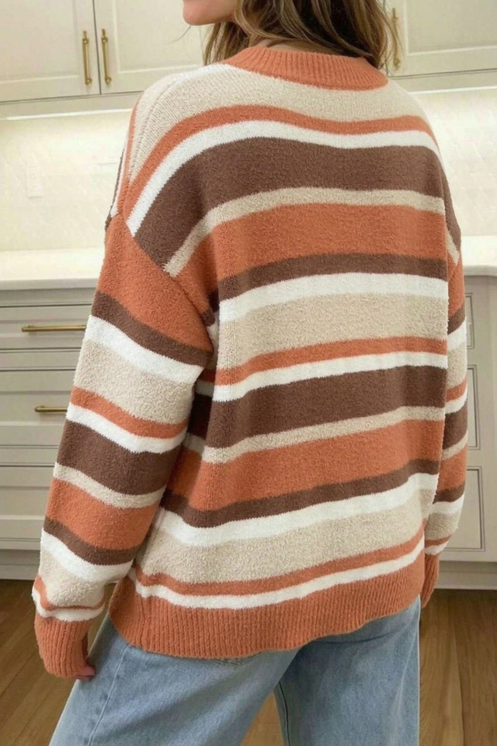 Brown Stripe Dropped Shoulder Loose Pullover Sweater