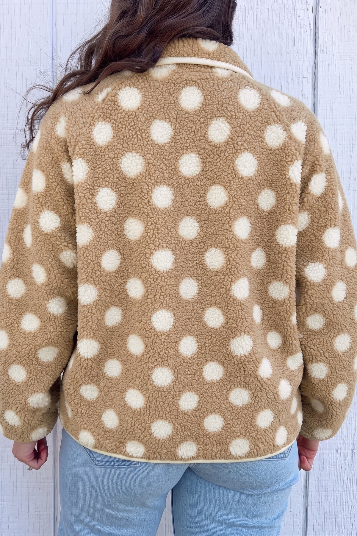 Khaki Polka Dot Faux Fur Metal Button Placket Shift Silhouette Jacket