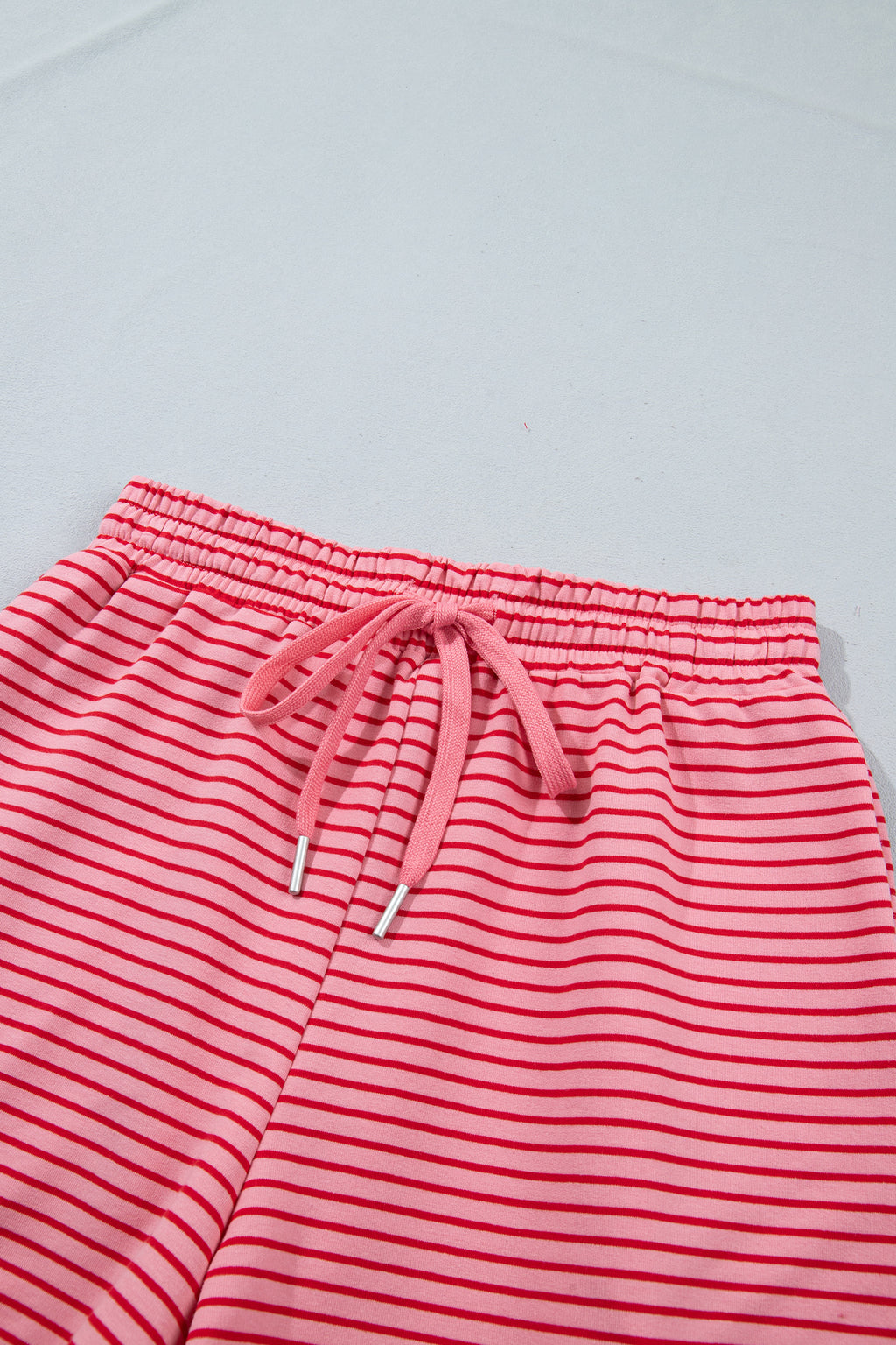 Blue Stripe Ribbed Patchwork Mock Neck Baggy Pullover Matching Shorts Set