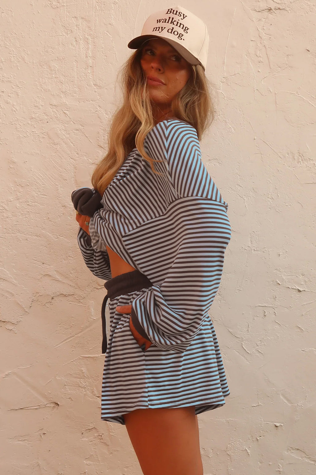 Blue Stripe Oversized Long Sleeve Top Drawstring Loose Shorts 2pcs Set