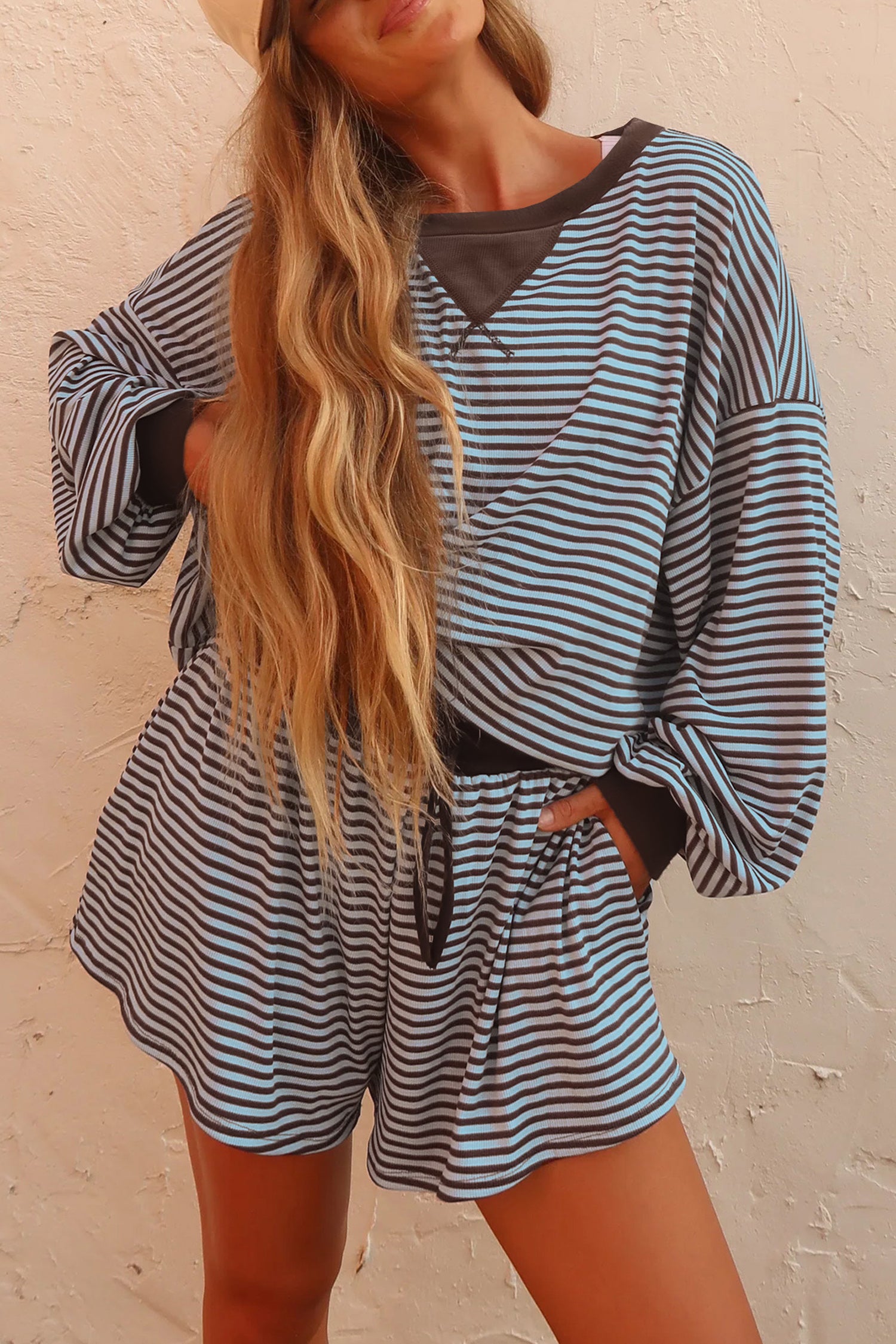 Blue Stripe Oversized Long Sleeve Top Drawstring Loose Shorts 2pcs Set