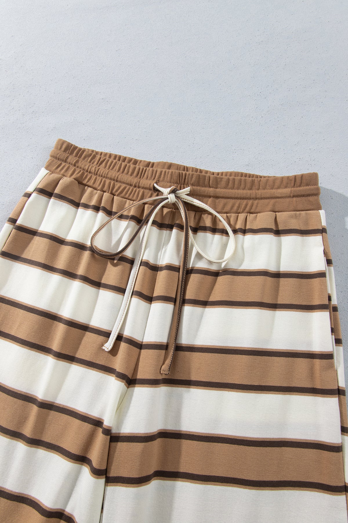 Khaki Stripe Contrast Trim Patchwork Casual Two-Piece Pants Set