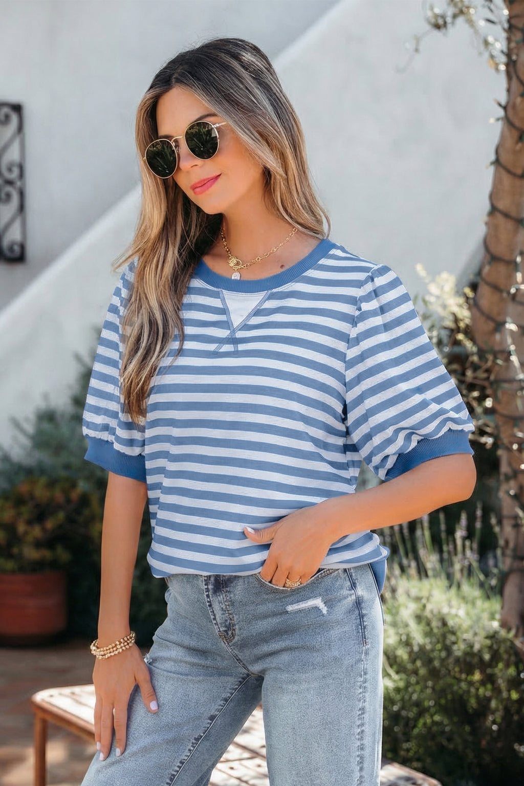 Orange Stripe Short Bubble Sleeve T Shirt