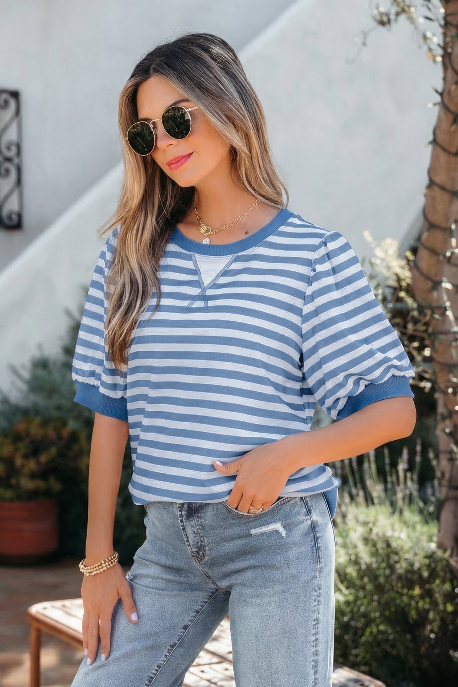 Orange Stripe Short Bubble Sleeve T Shirt