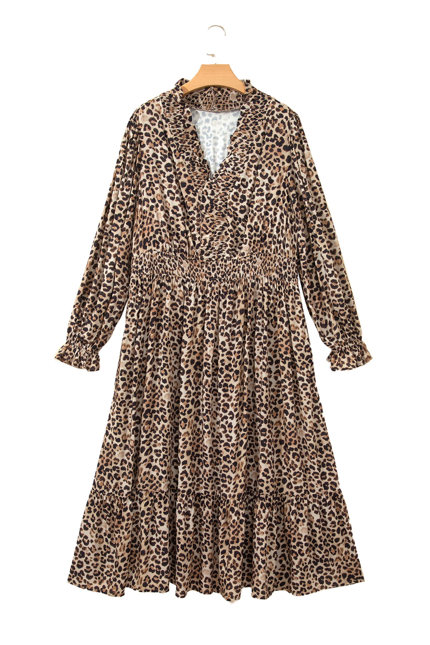 Brown Leopard Print V Neck Long Sleeve Gathered Waist Plus Size Dress