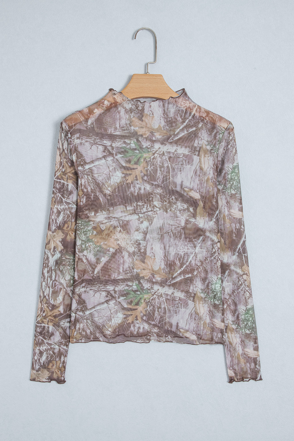 Beige Floral Print Slim Fit Mesh Long Sleeve Mock Neck Top