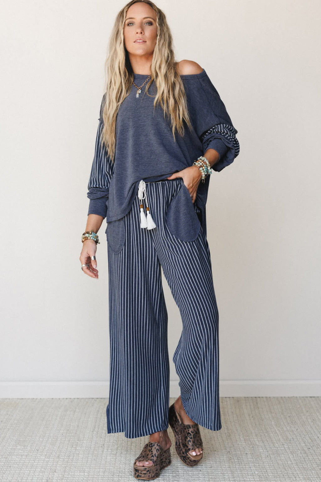 Real Teal Raw Seam Patchwork Long Sleeve Top Pocket Casual Pants 2pcs Set