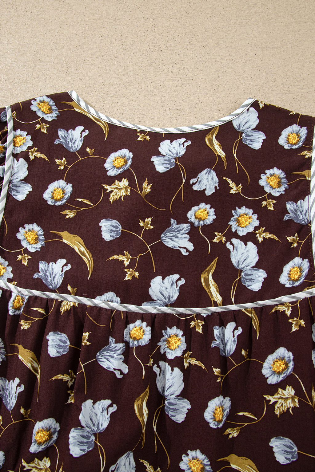 Brown Floral Print Shirred V Neck Shift Dress