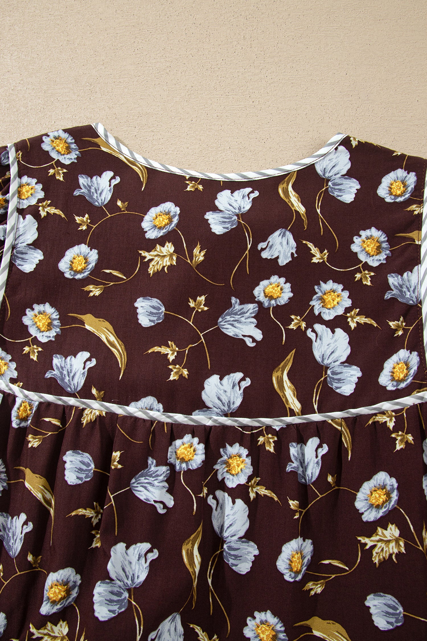 Brown Floral Print Shirred V Neck Shift Dress