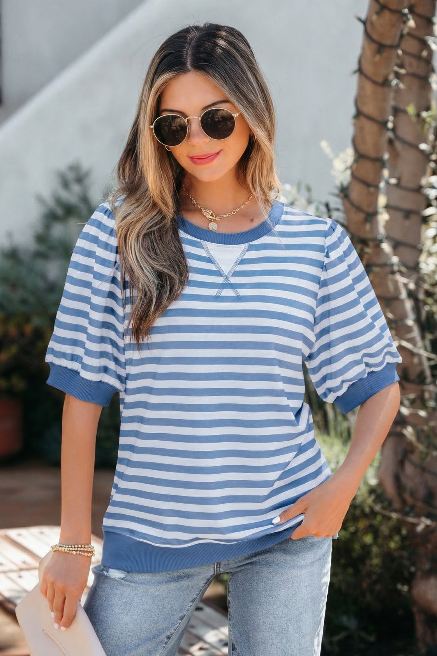 Orange Stripe Short Bubble Sleeve T Shirt