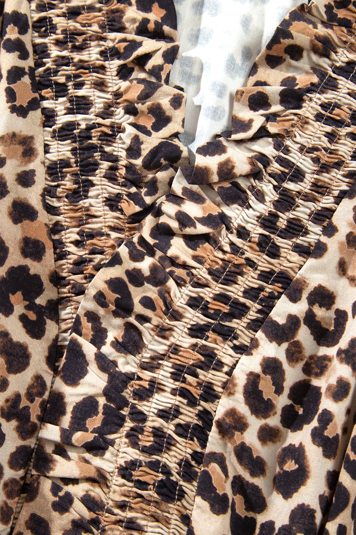 Brown Leopard Print V Neck Long Sleeve Gathered Waist Plus Size Dress