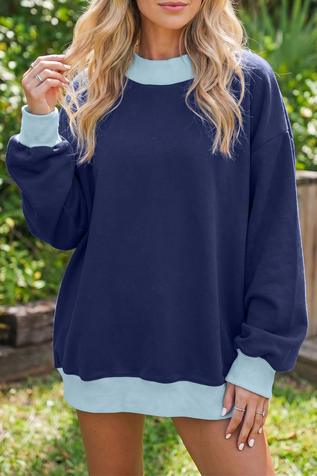 Grapefruit Orange Colorblock Trim Crewneck Long Sleeve Pullover Sweatshirt