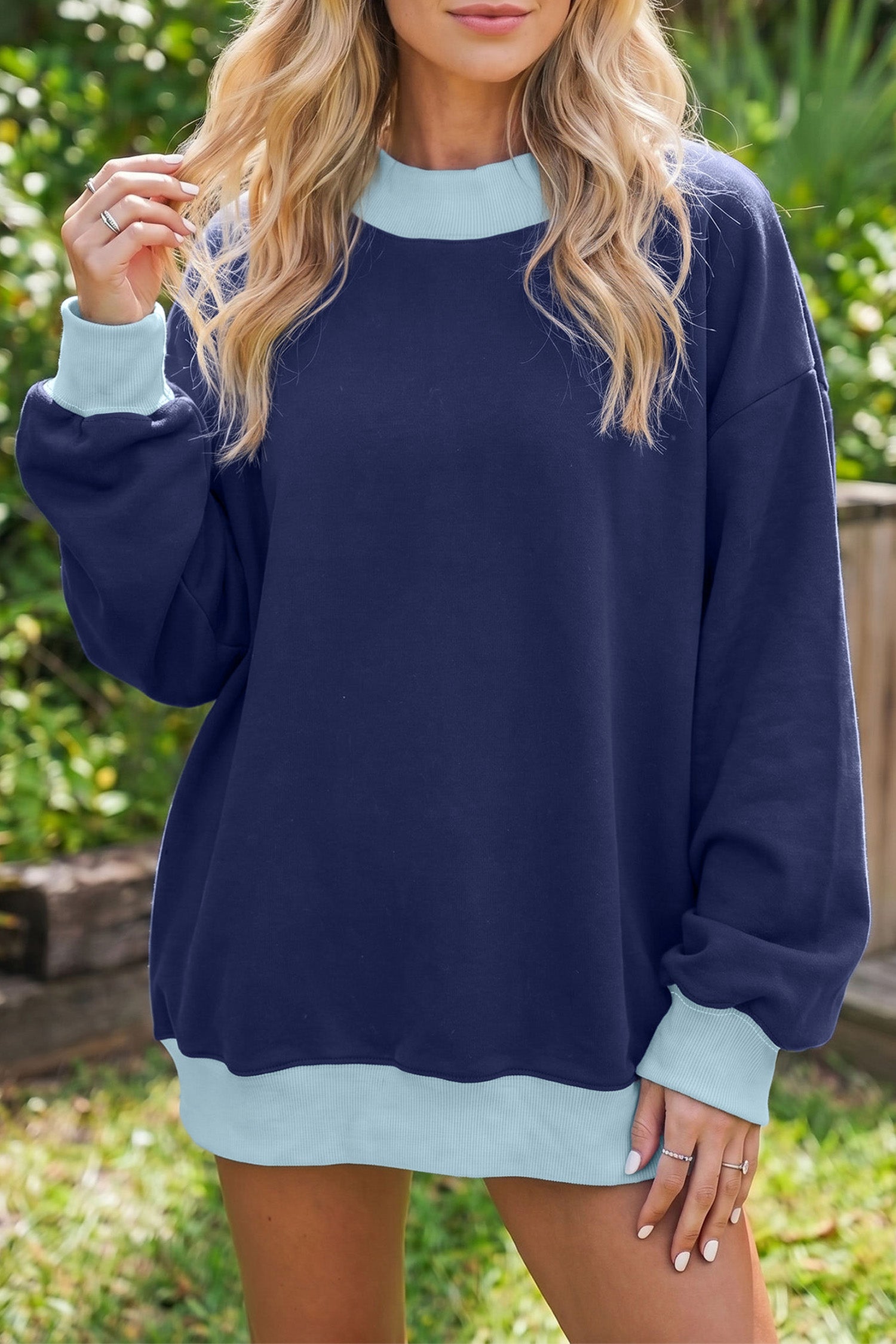 Grapefruit Orange Colorblock Trim Crewneck Long Sleeve Pullover Sweatshirt