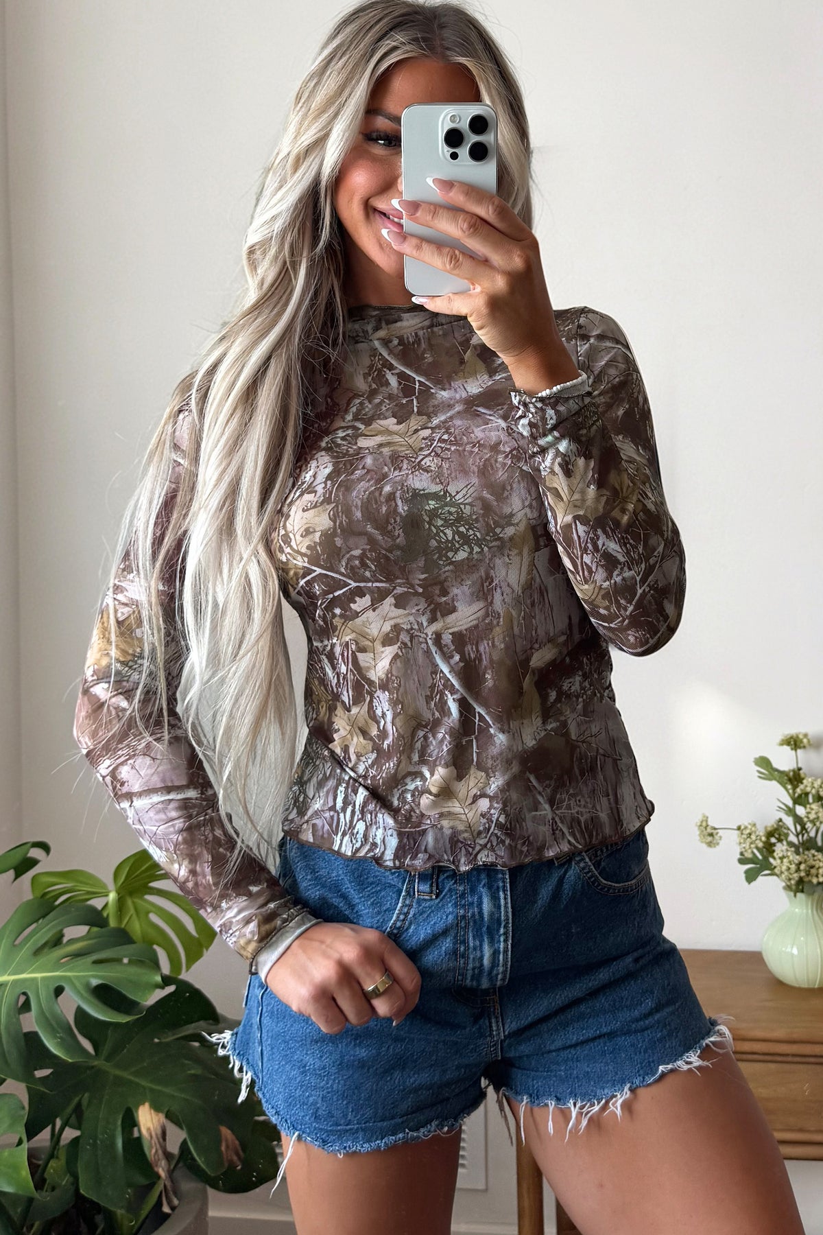 Beige Floral Print Slim Fit Mesh Long Sleeve Mock Neck Top
