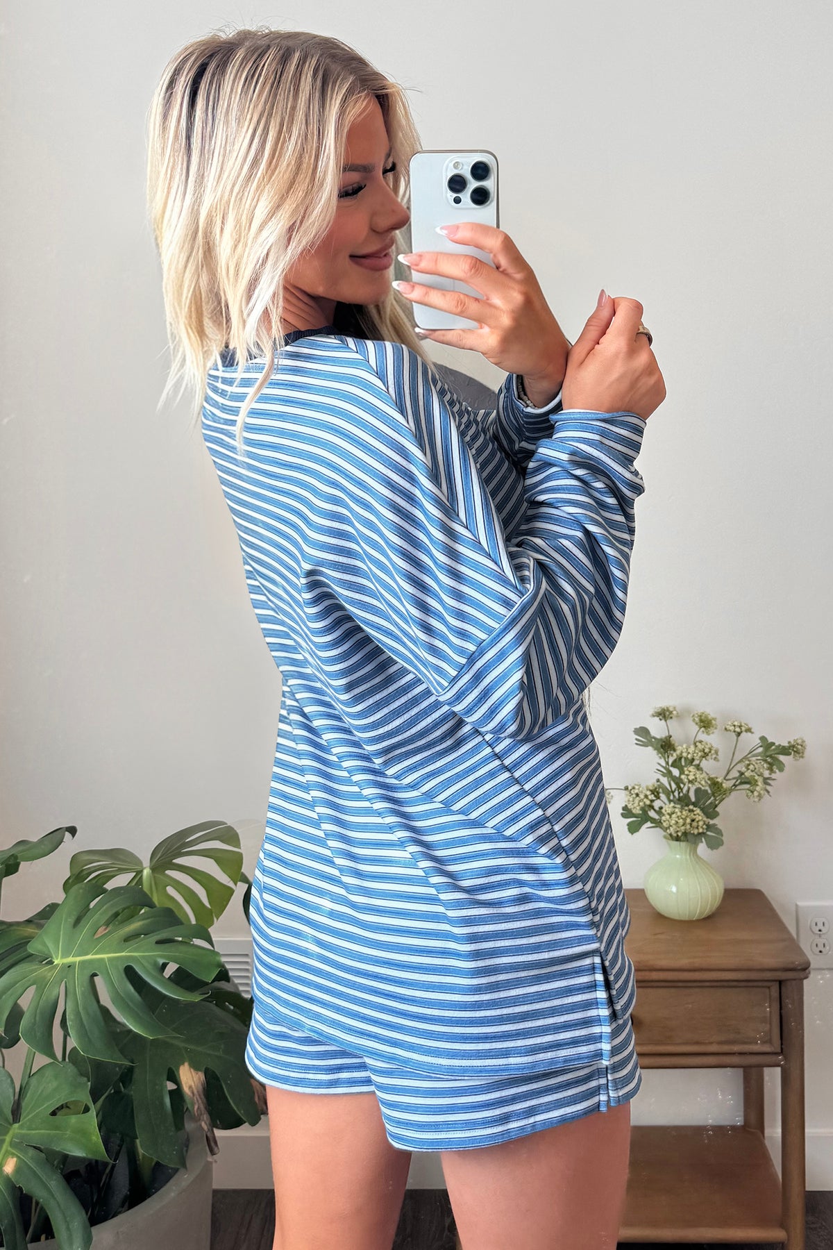 Brown Stripe Long Sleeve Oversized Top Pocketed Casual Shorts Two Piece Set