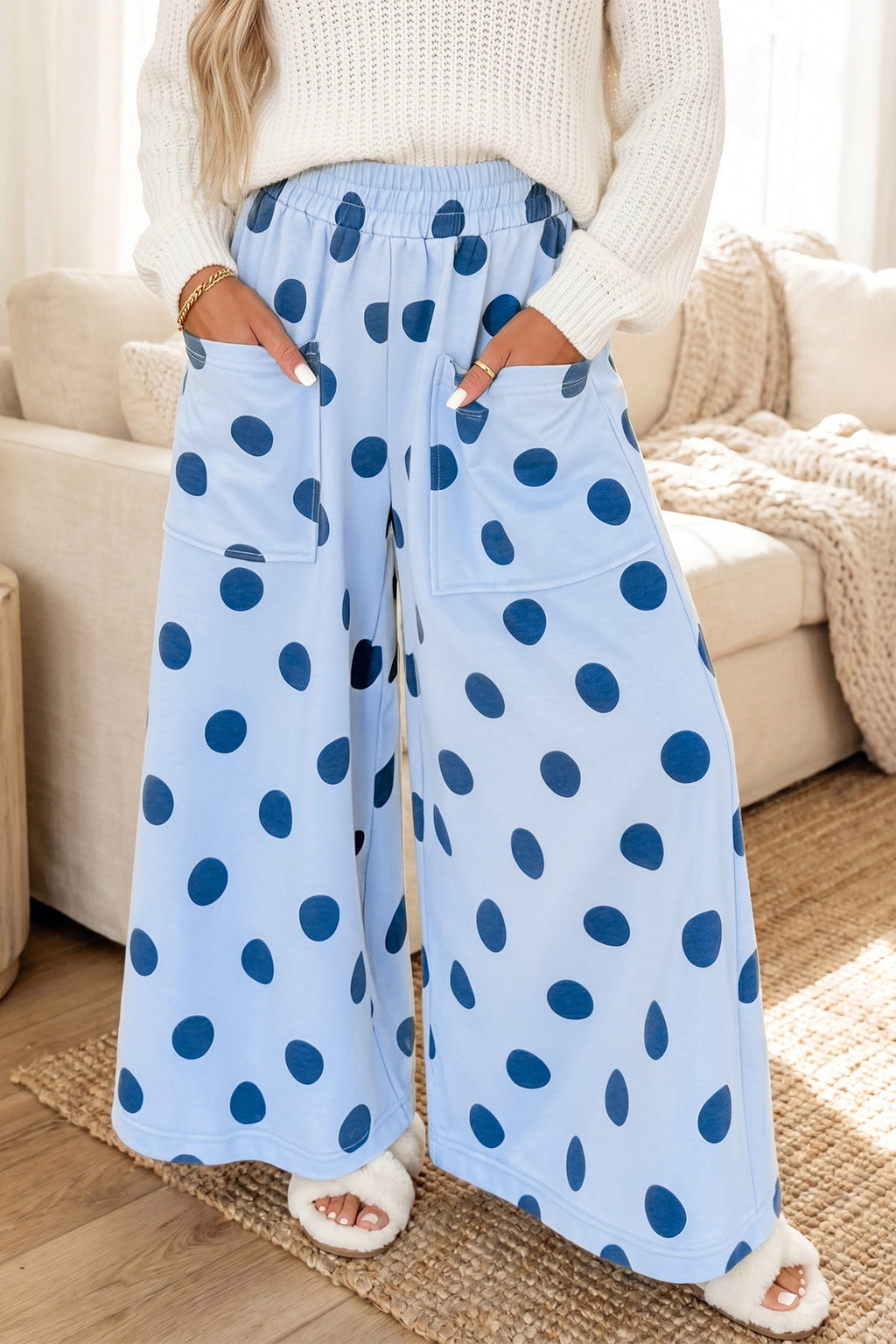 Khaki Polka Dot Wide Leg Elastic Waist Casual Pants