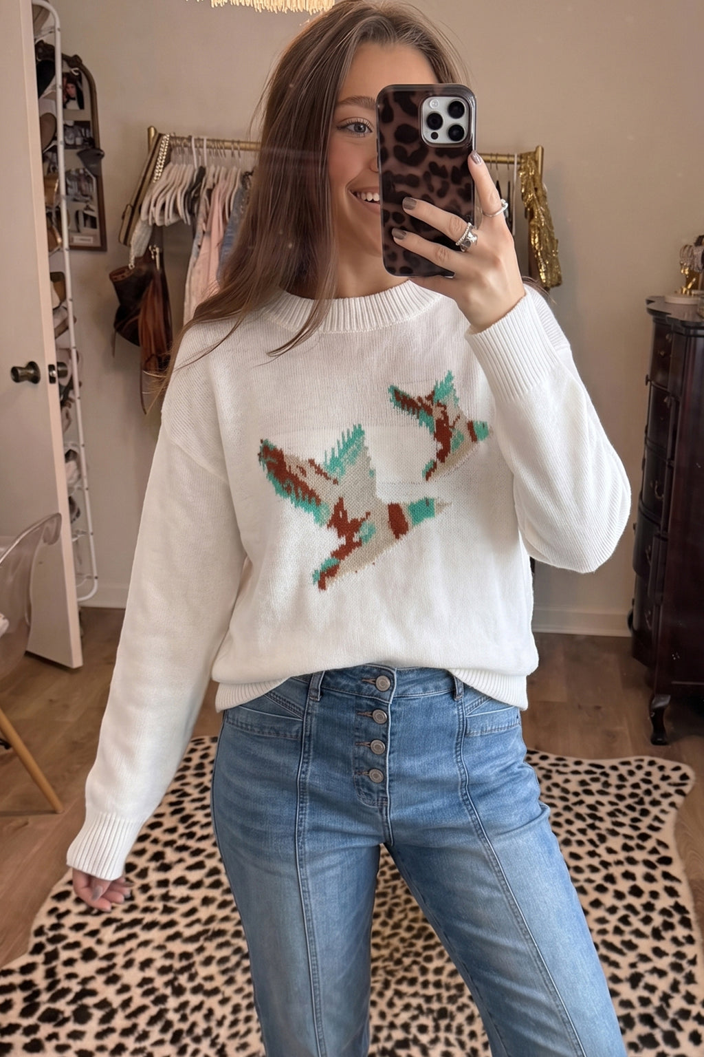 White Drop Shoulder Round Neck Long Sleeve Pullover Sweater